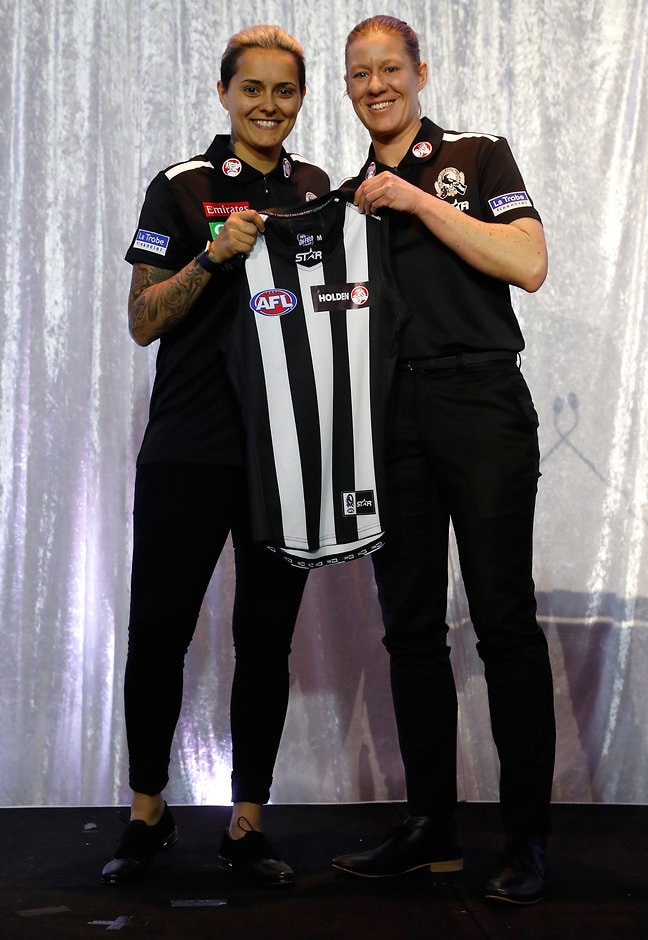 AFL 2016 Media - Womens Marquee Players Announcement MELBOURNE, AUSTRALIA - JULY 27: Moana Hope of the Magpies is presented with her jumper by Meg Hutchins during the national women’s league marquee players announcement at Etihad Stadium in Melbourne, Australia on July 27, 2016. (Photo by Michael Willson/AFL Media)